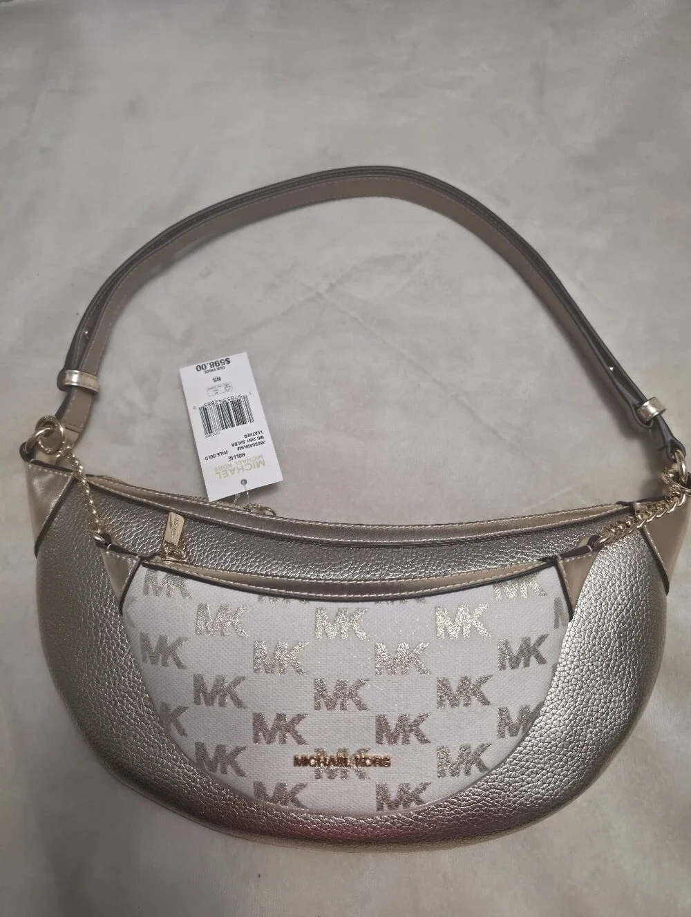100% Original Michael Kors White and Taupe MK Logo Crescent Shoulder Bag